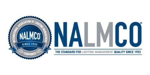 A blue and white logo for the national association of lighting managers.
