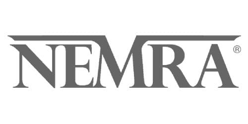 A gray and white logo of the emr group.