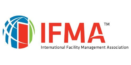 A red and white logo for international facility management association.