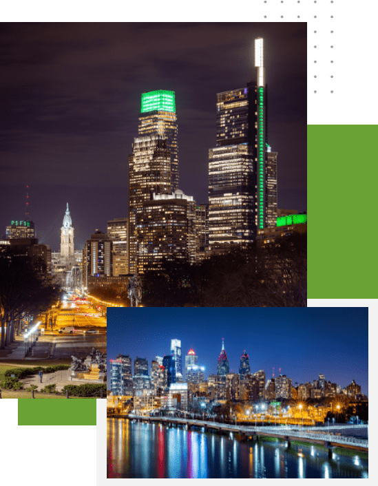 A collage of different pictures with buildings and lights