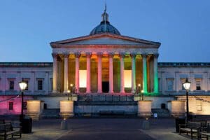 A building with columns and lights on it