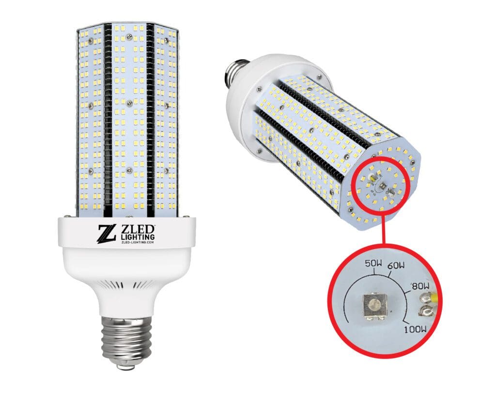 A close up of the side and top view of an led bulb