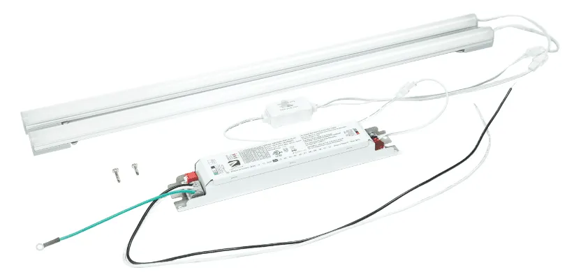 Fluorescent light fixture with ballast and wires.