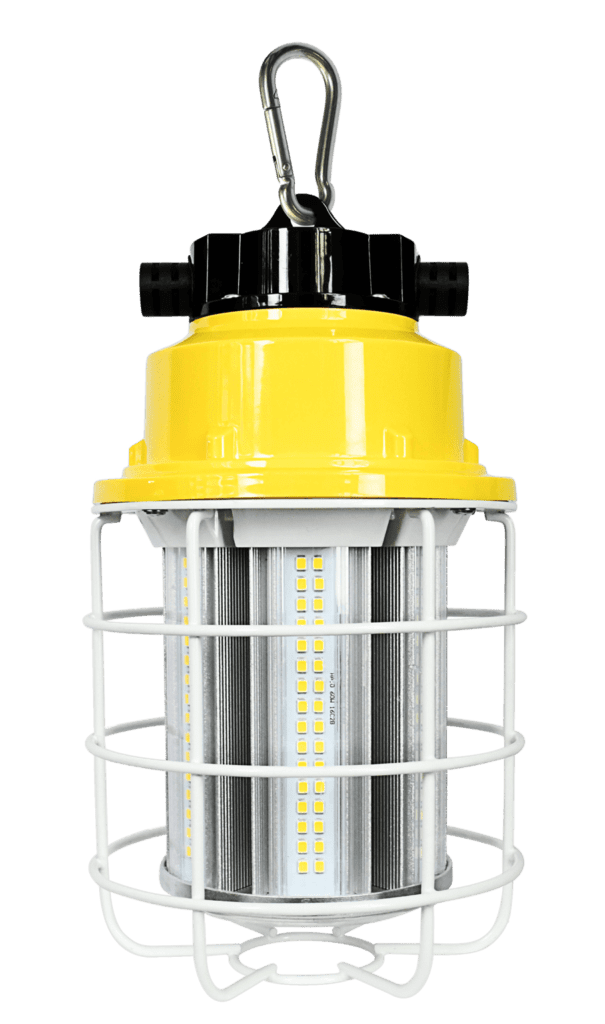 Yellow caged LED work light with hook.