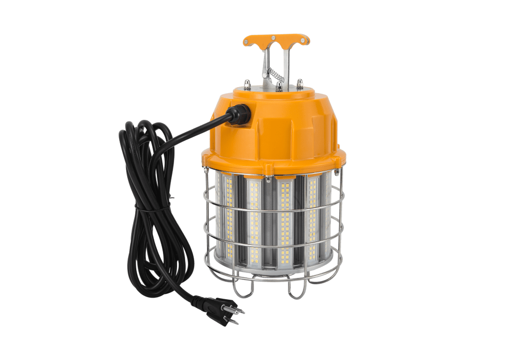 Yellow LED work light with cage and cord.