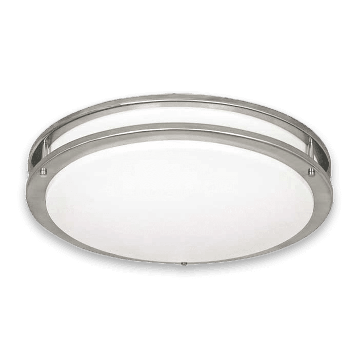 Round brushed nickel ceiling light fixture.