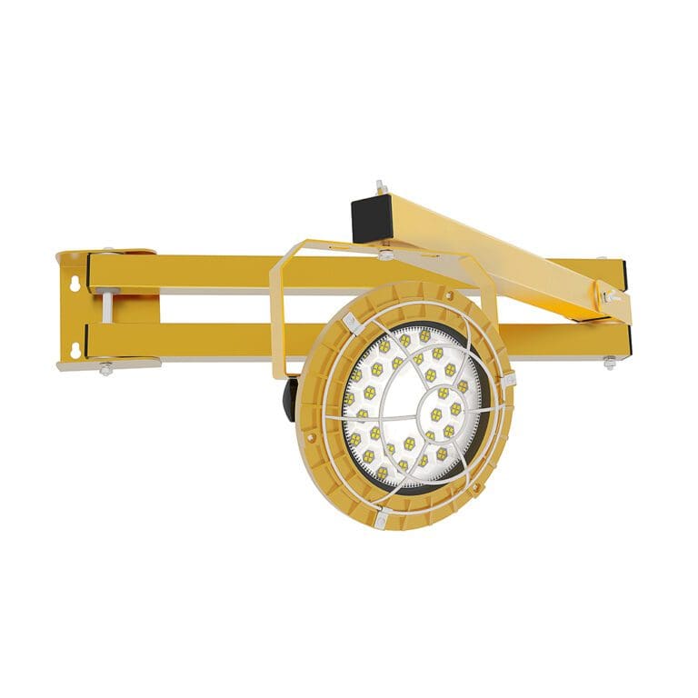Yellow LED work light with cage.