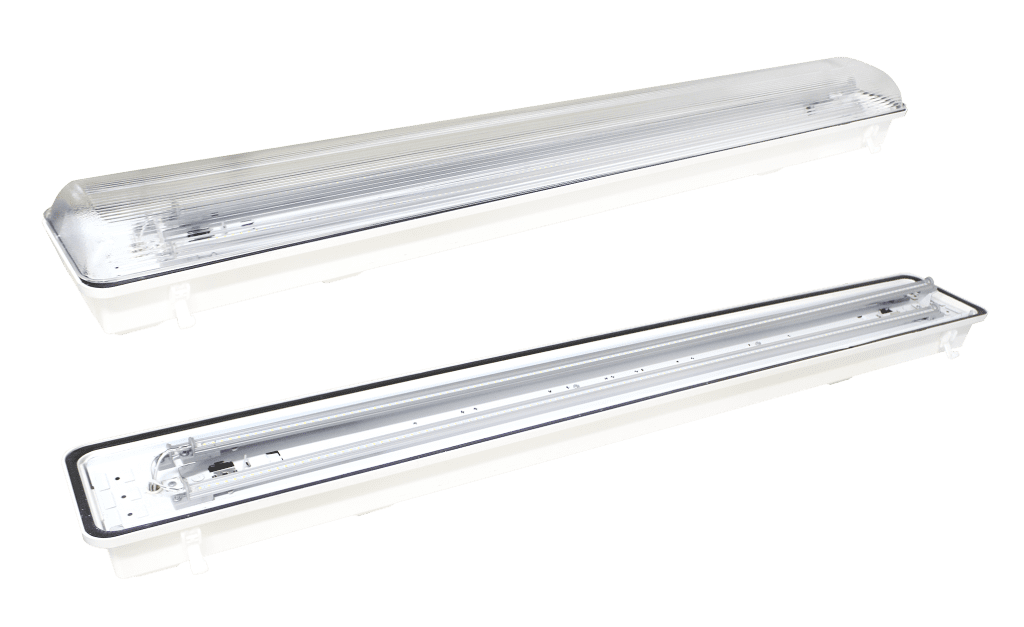 White fluorescent light fixture with cover.