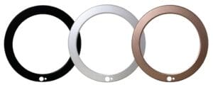 Three round frames in black, silver, and gold.