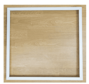 White frame on a wood background.