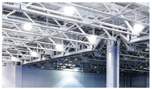 Metal beams and support columns in a building.