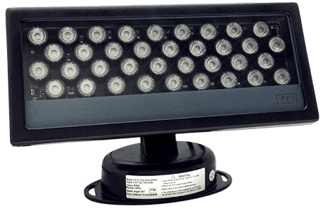 Black LED floodlight with multiple bulbs.