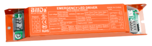 Orange emergency LED driver with specs.