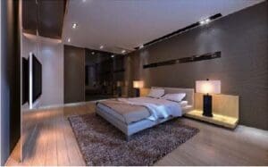 Modern bedroom with a king-size bed.