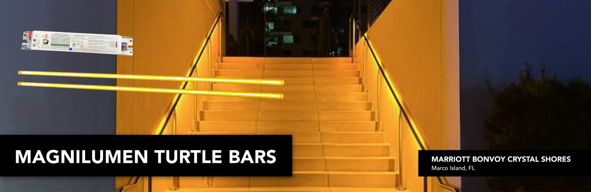 LED lights on a stairway railing.
