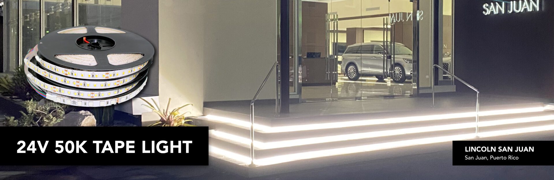 LED tape light on steps at a car dealership.