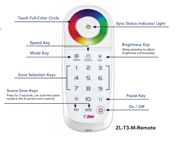 Remote control for a color changing light.