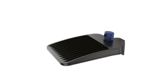 Black LED street light with blue cap.