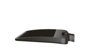 Dark, angled LED street light fixture.