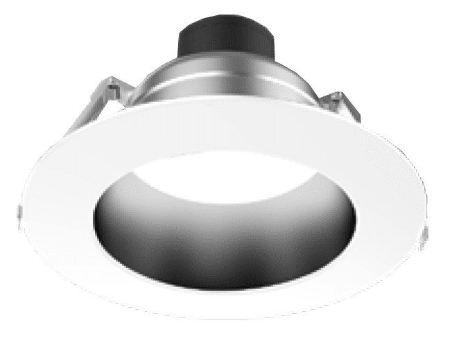 Round recessed ceiling light with white trim.