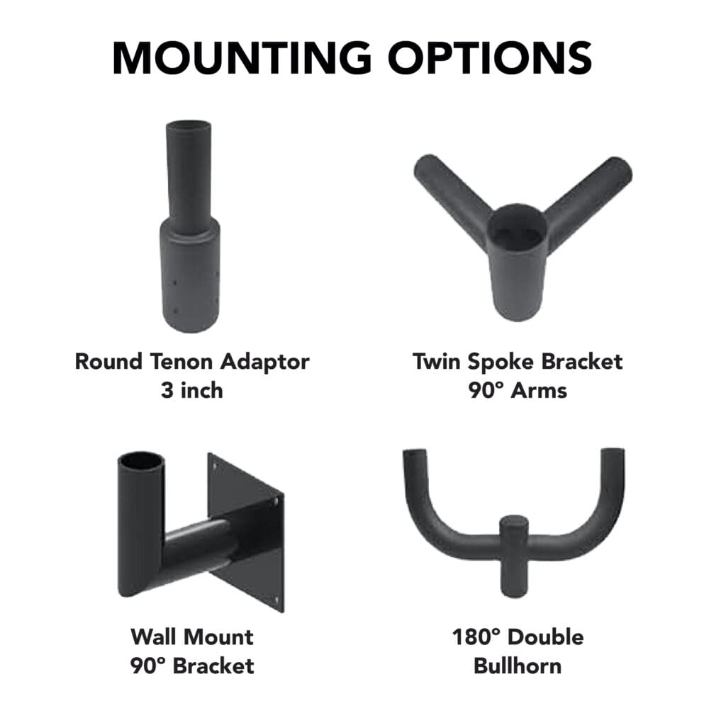 Mounting options: adaptors, brackets, and bullhorn.