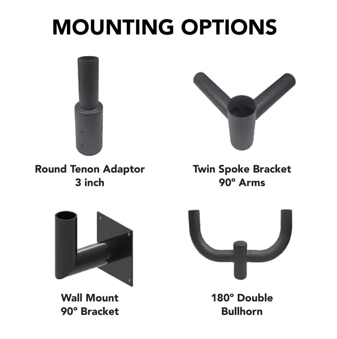 Mounting options: adaptors, brackets, and bullhorn.