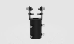 Black mechanical component with metal bolts.