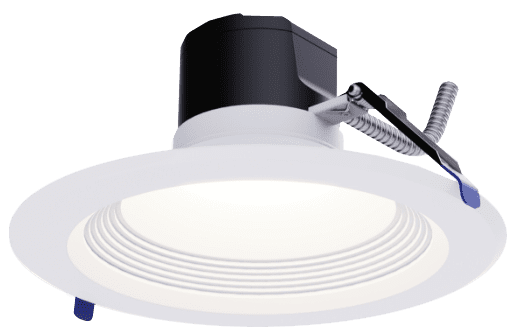 Recessed LED ceiling light with white trim.