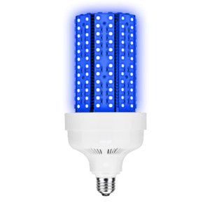 Blue LED corn bulb with white base.