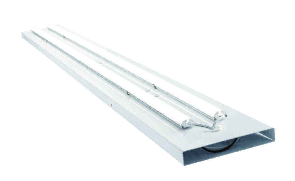 Rectangular LED light fixture on white background.