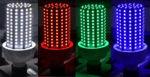 LED lights in white, red, green, blue.