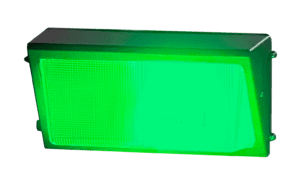 Rectangular green LED light fixture.