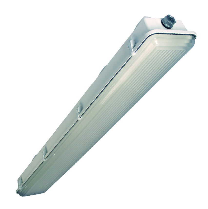 Industrial LED light fixture, white and gray.