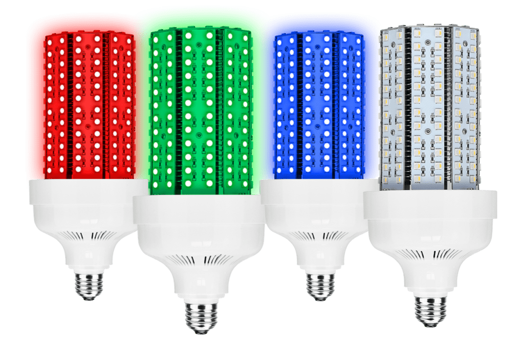 Red, green, blue, and white LED bulbs.