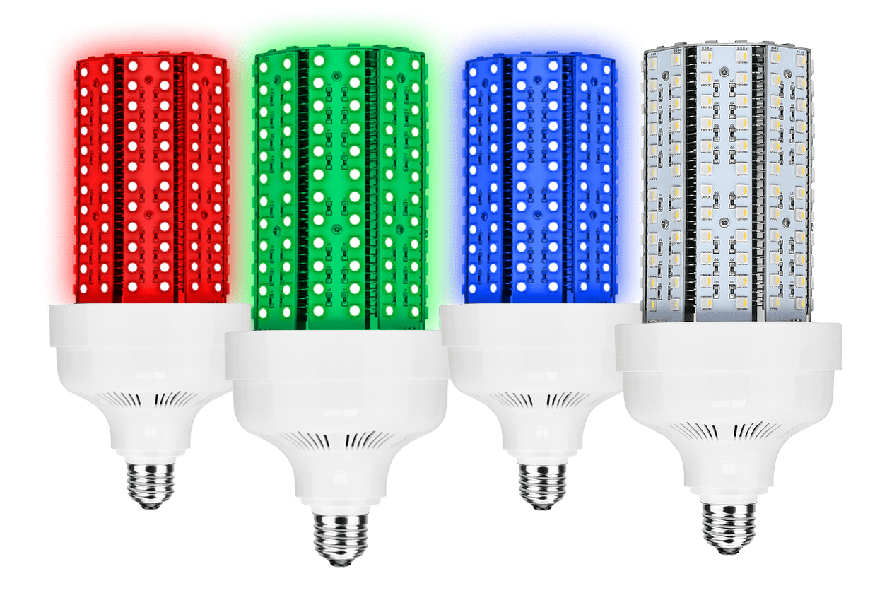 Red, green, blue, and white LED bulbs.