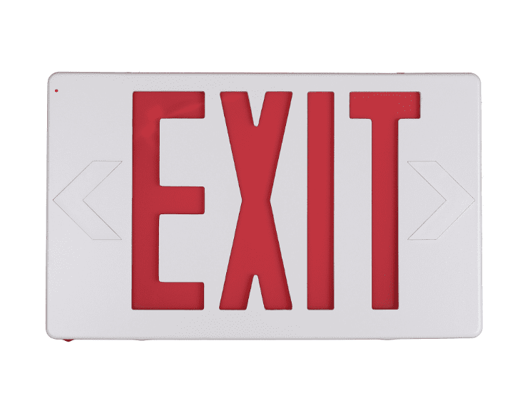 Red exit sign with white background.