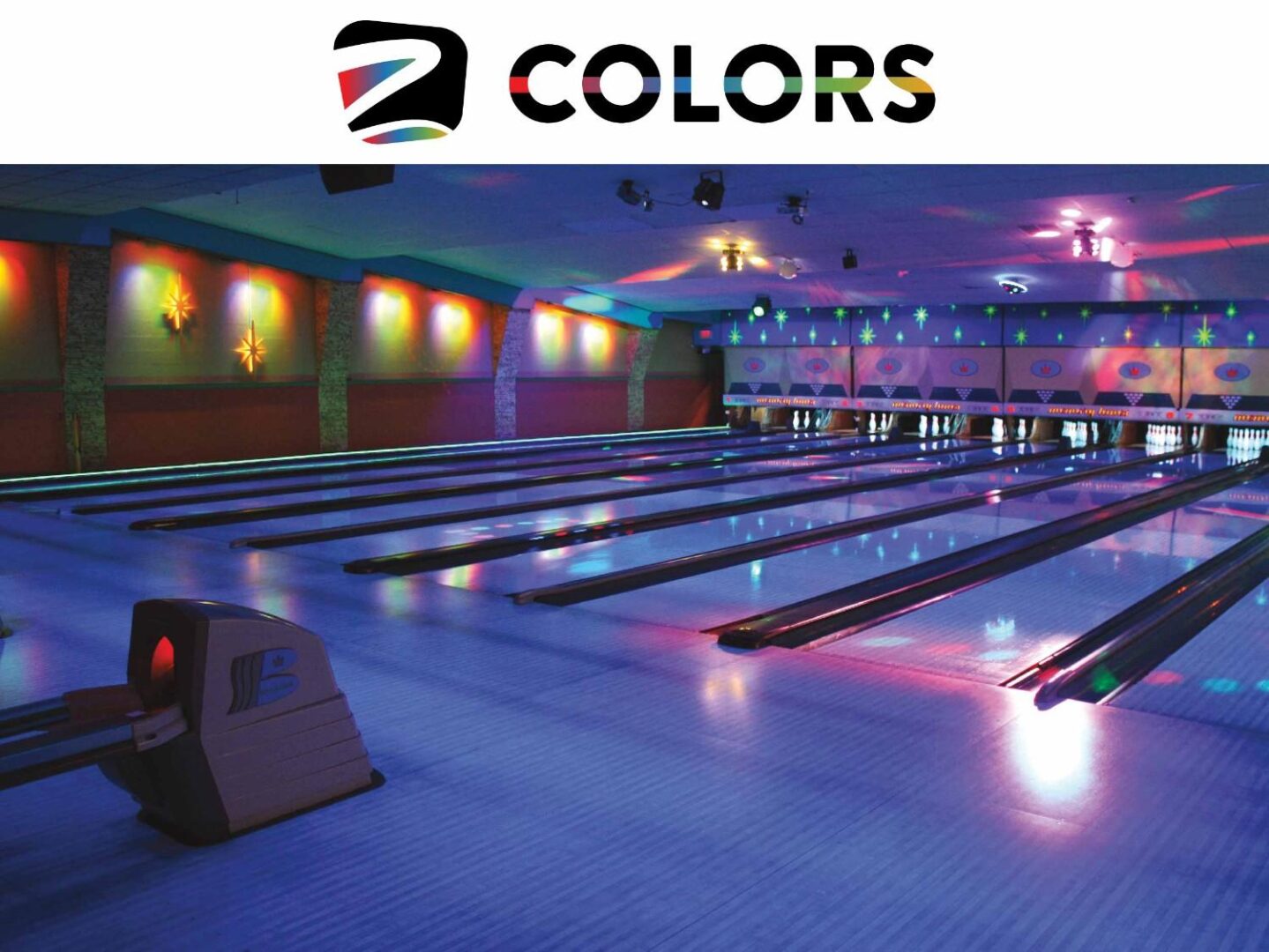 Colorful bowling alley with multiple lanes.