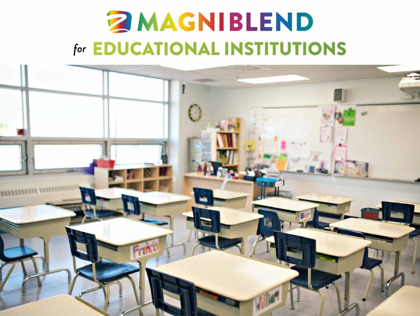 Classroom with desks and chairs, Magniblend logo.