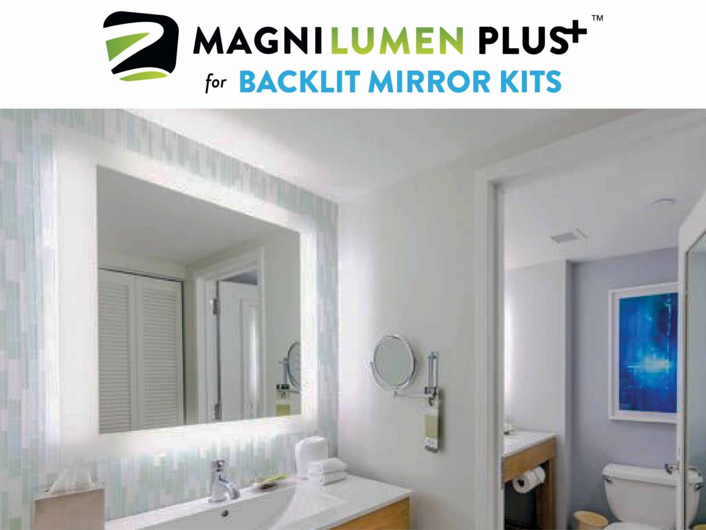 Backlit bathroom mirror with sleek design.
