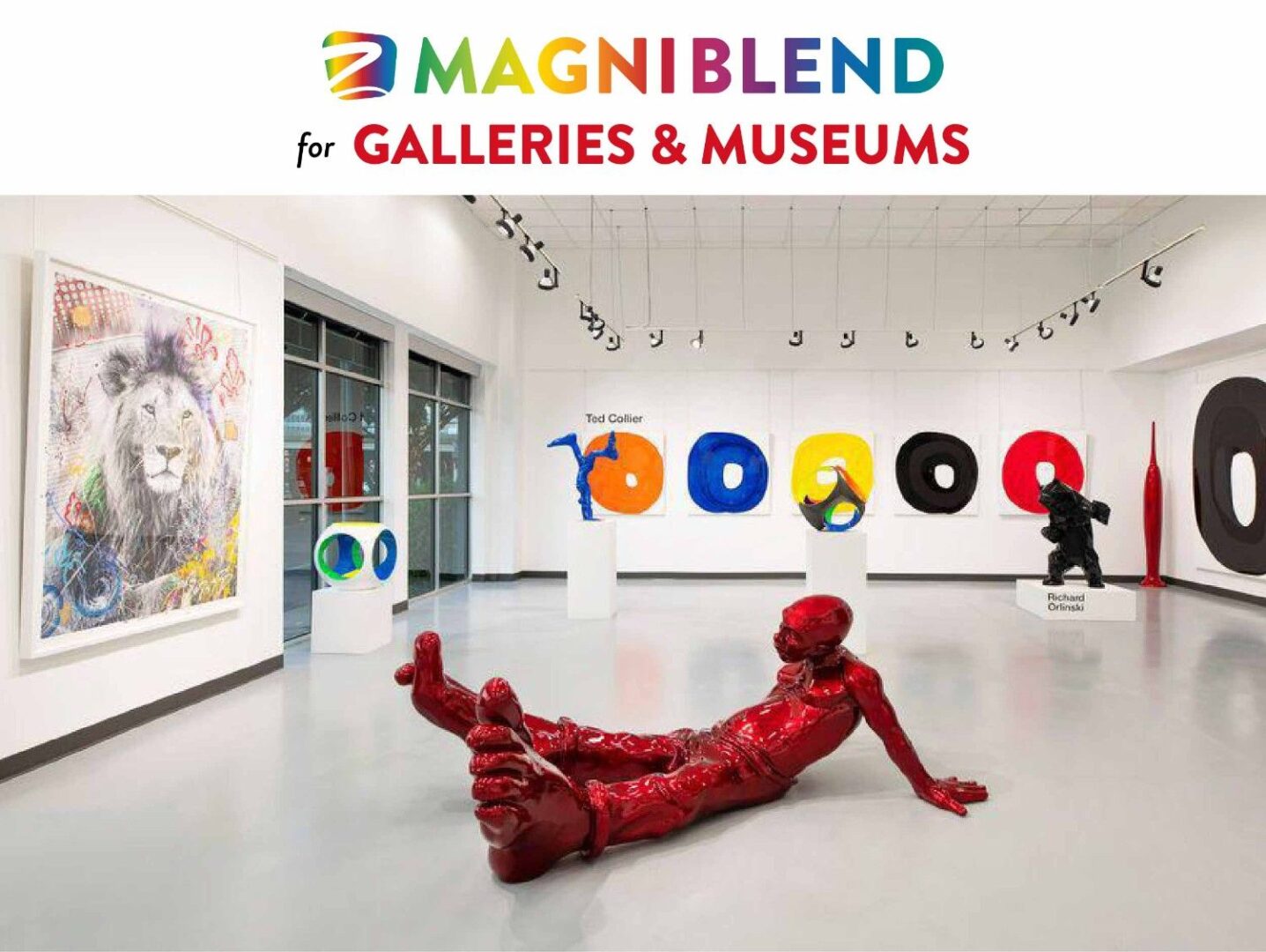 Art gallery with colorful sculptures and paintings.