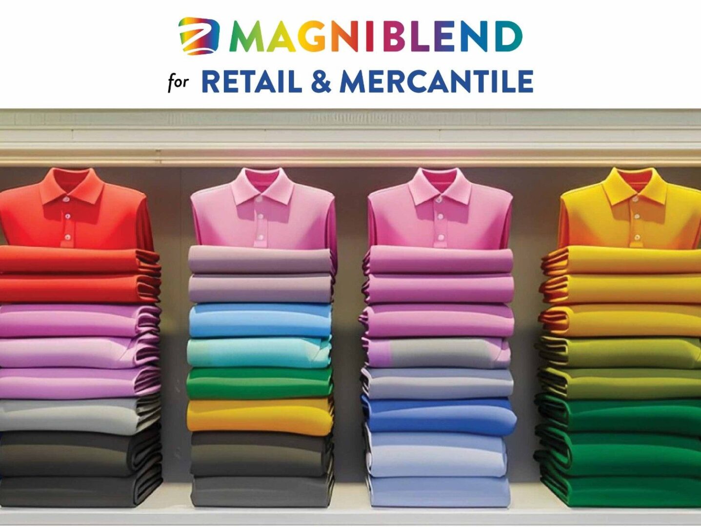 Colorful folded shirts in retail display.