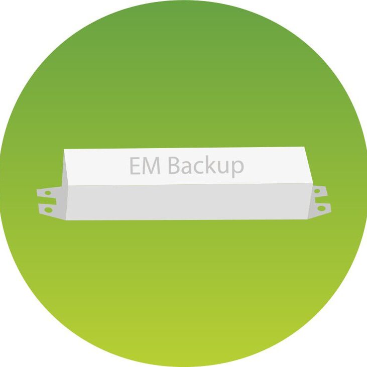 White EM Backup ballast on green background.
