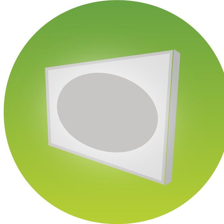 White picture frame with oval inside on green background.