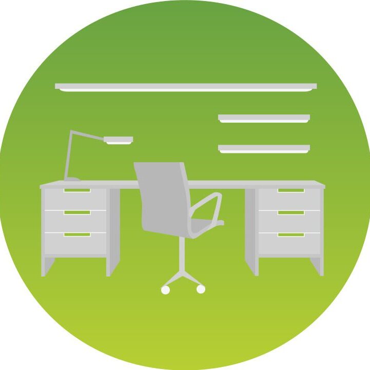 Green background with a desk, chair, and shelves.